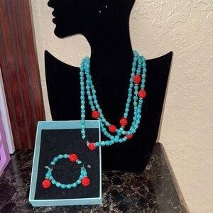 Turquoise and Red Beaded Necklace, Bracelet and Earrings Set
